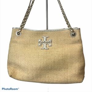 Tory Burch Straw Tote Purse Gold Chain Woven